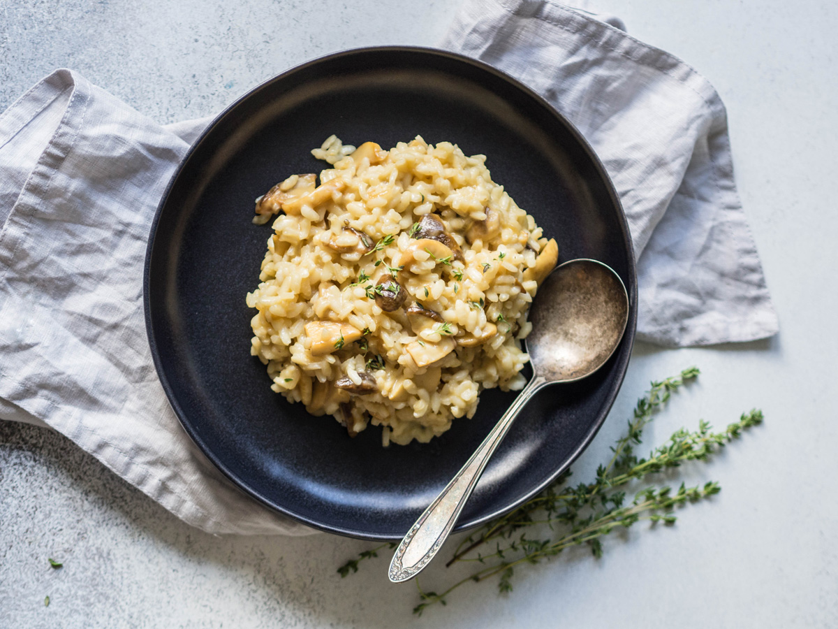Wild Mushroon Risotto with Goat Cheese and Thyme Soli Organic